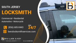 Advertisement for Bens Lock & Key locksmith services in South Jersey, featuring a local expert unlocking a car door in the rain. Contact info and key service details are clearly displayed—serving all of New Jersey with prompt, reliable assistance.