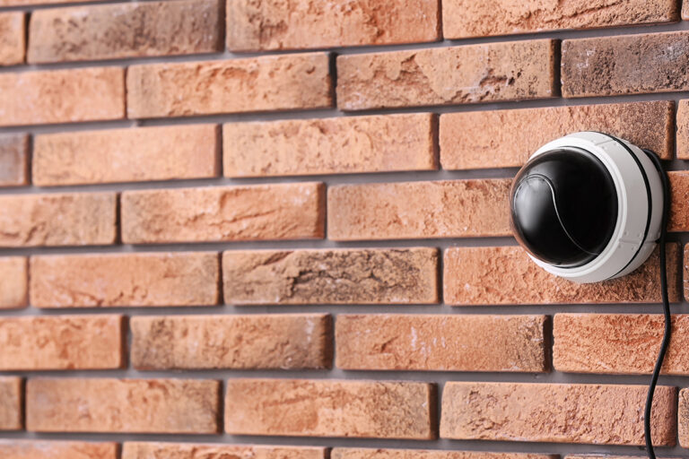 A security camera is mounted on a red brick wall with a visible black cable, installed by a local locksmith in New Jersey.