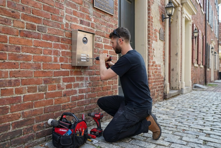 A locksmith in black clothing kneels on a cobblestone street in New Jersey, installing or repairing an intercom system on a brick wall, with tools and a red tool bag beside him.