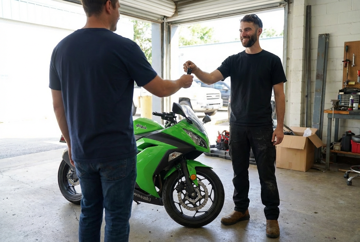Two men stand in a garage; one hands a set of keys to the other. A green Kawasaki motorcycle is parked between them, highlighting a local exchange that could happen anywhere in New Jersey.