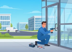 Licensed technician performing a commercial locksmith near me installation on a commercial office building entrance in South Jersey