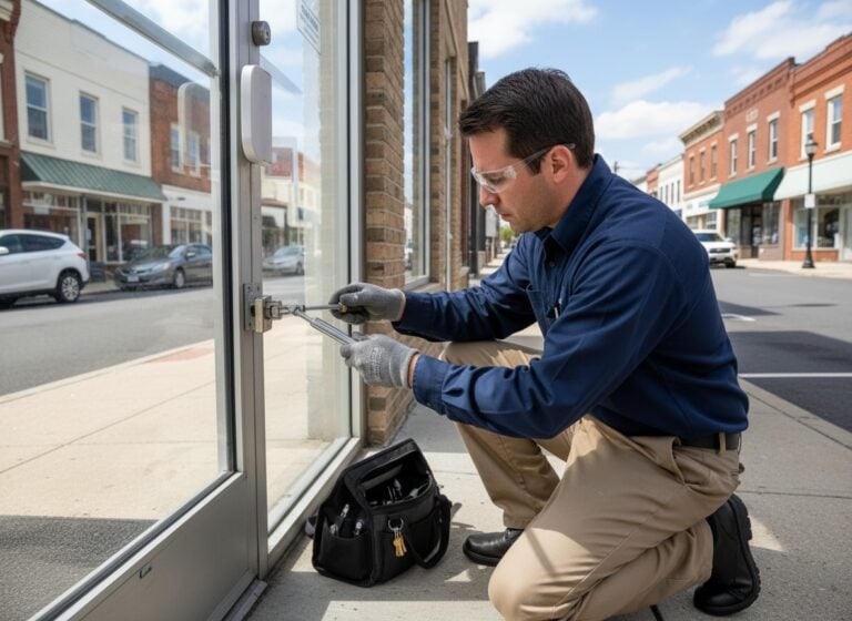A licensed locksmith performing a commercial lock rekey on a commercial door deadbolt at a South Jersey business entrance