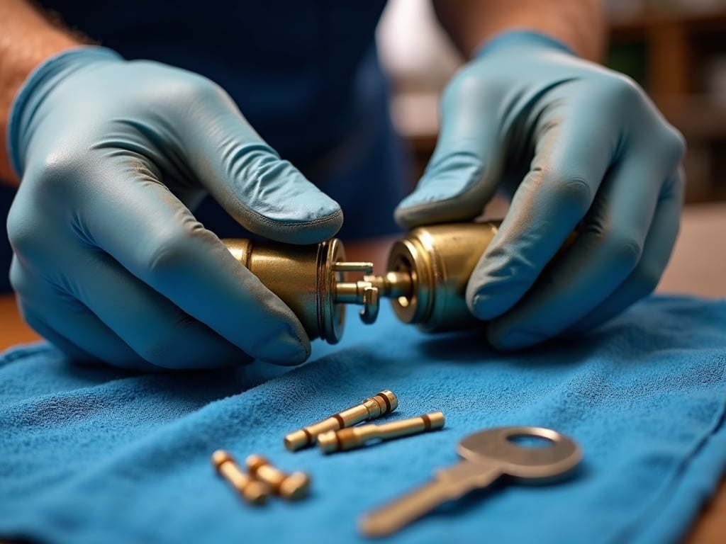 Detailed view of pin tumblers being replaced during a commercial lock rekey procedure on a commercial lock cylinder