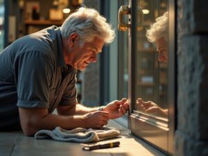 Experienced locksmith closely inspecting a commercial deadbolt on a retail storefront door as part of a professional commercial lock repair assessment