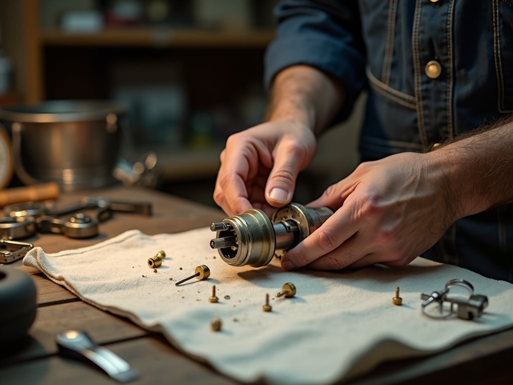 Experienced locksmith closely inspecting a commercial deadbolt on a retail storefront door as part of a professional commercial lock repair assessment