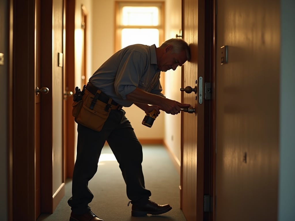 Experienced locksmith closely inspecting a commercial deadbolt on a retail storefront door as part of a professional commercial lock repair assessment