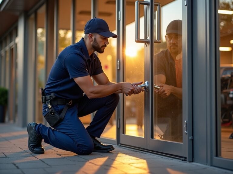 A licensed locksmith performing storefront door repairs on a glass aluminum-frame commercial entry door at a South Jersey strip mall