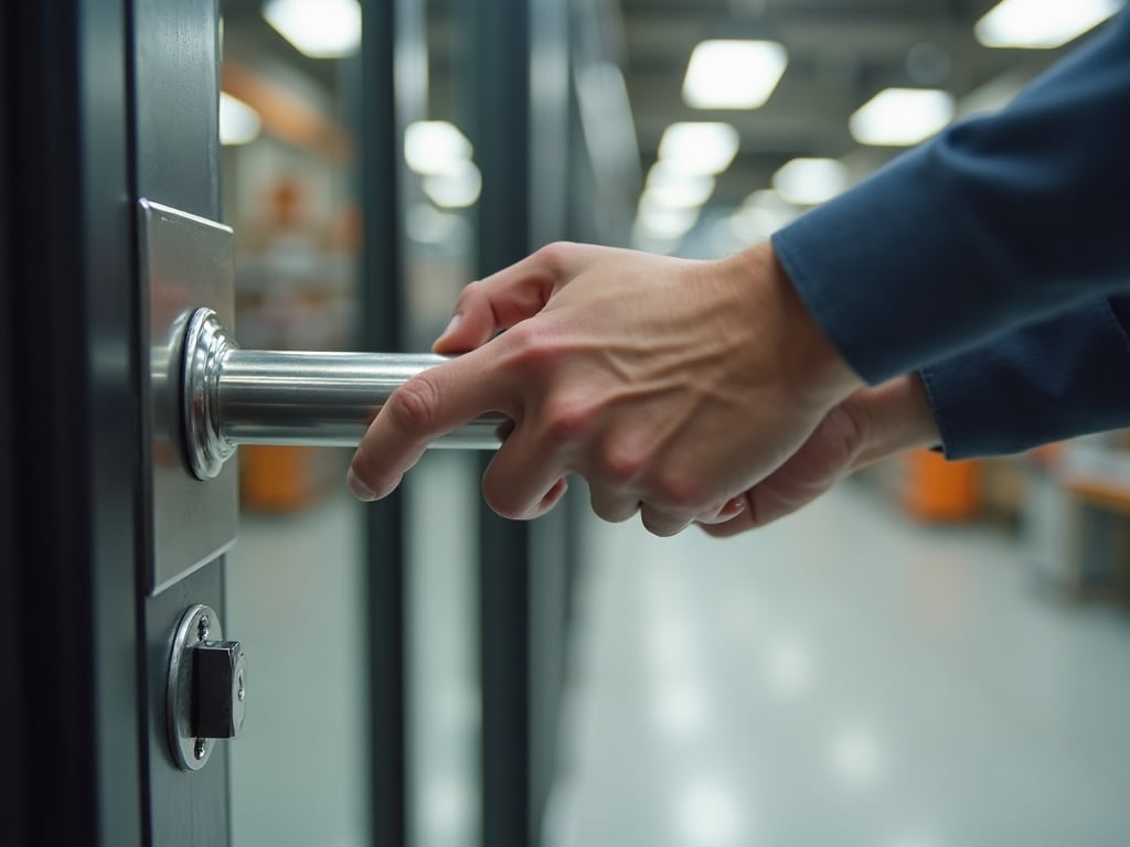 A licensed locksmith performing storefront door repairs on a glass aluminum-frame commercial entry door at a South Jersey strip mall