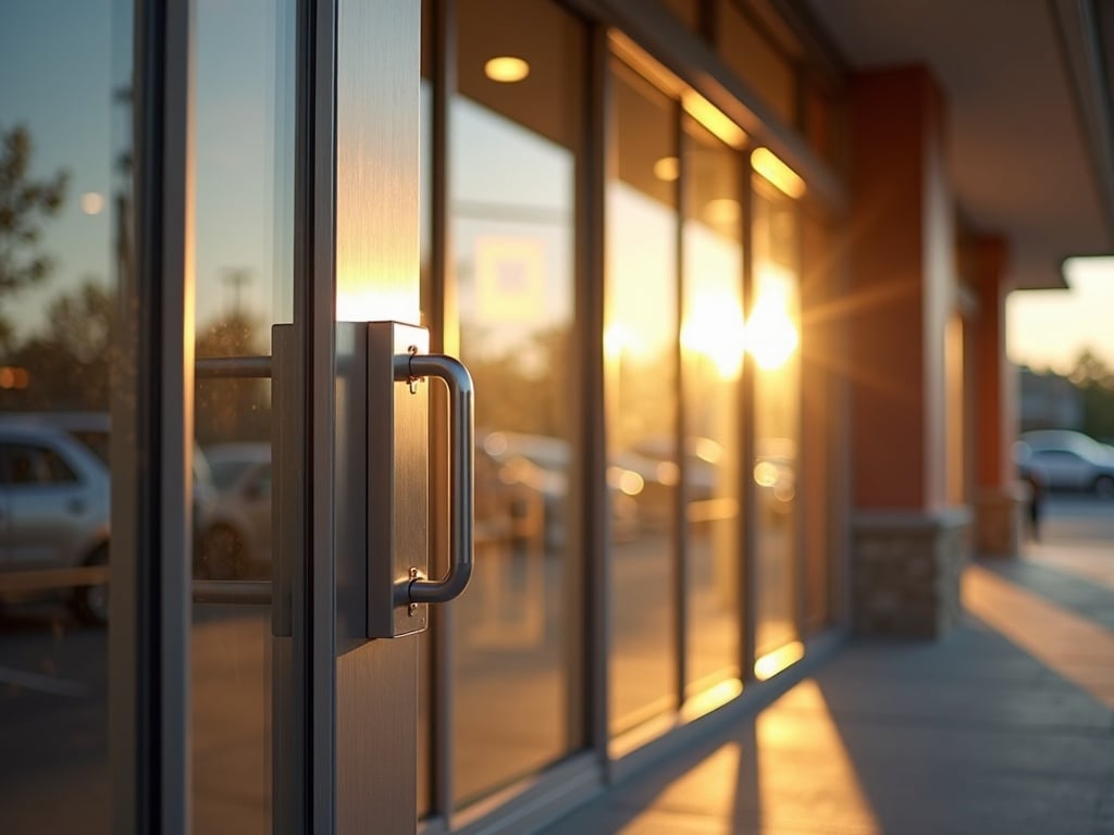 A licensed locksmith performing storefront door repairs on a glass aluminum-frame commercial entry door at a South Jersey strip mall