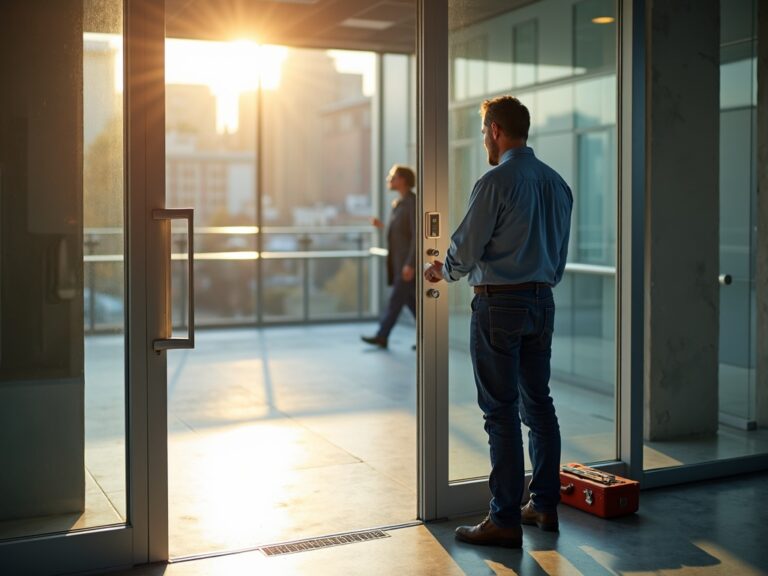 A licensed locksmith performing office door repair on a commercial glass office entrance door, tools visible, bright professional office lobby in the background