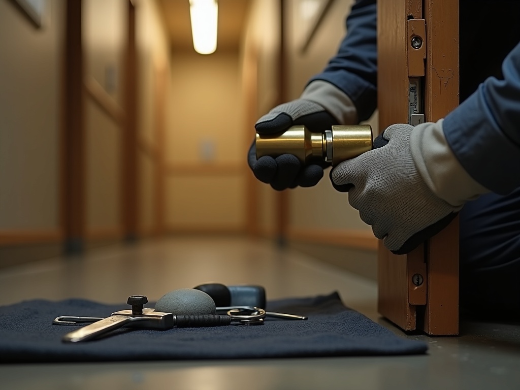 A licensed locksmith performing office door repair on a commercial glass office entrance door, tools visible, bright professional office lobby in the background