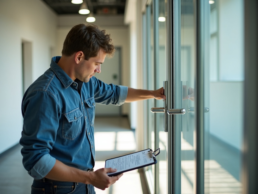 A licensed locksmith performing office door repair on a commercial glass office entrance door, tools visible, bright professional office lobby in the background