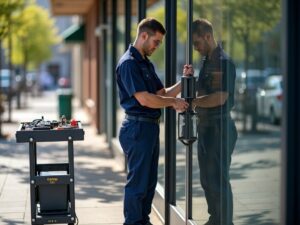 A licensed locksmith performing commercial key replacement at a South Jersey small business storefront on a bright day