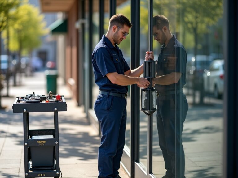 A licensed locksmith performing commercial key replacement at a South Jersey small business storefront on a bright day