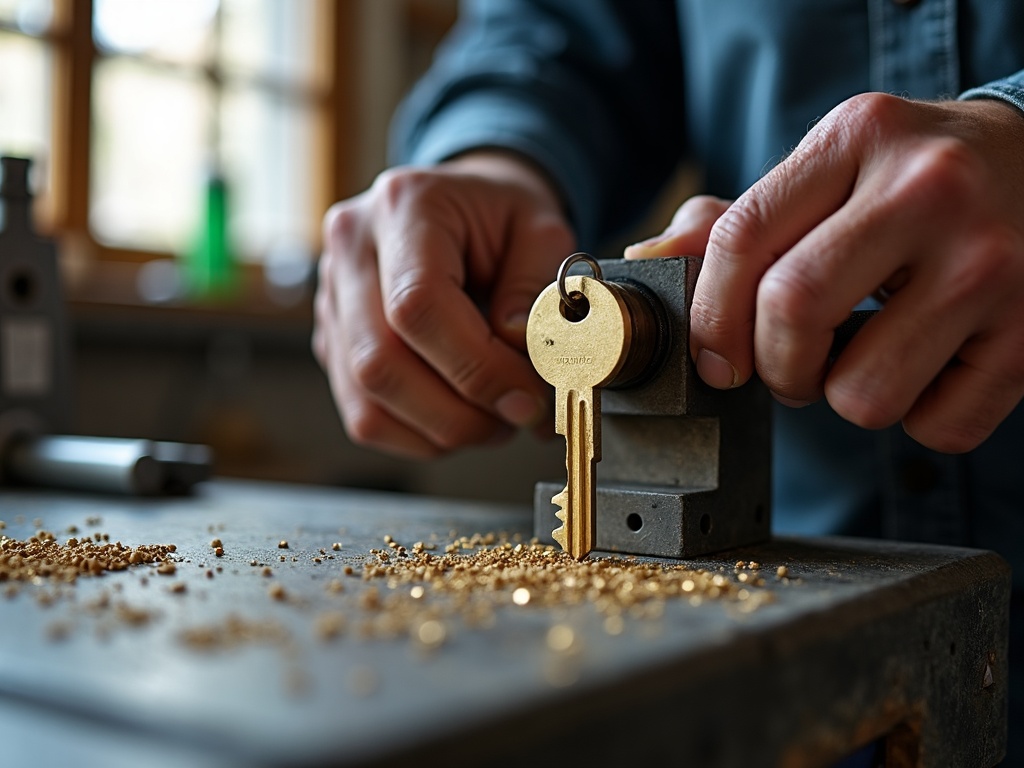 A licensed locksmith performing commercial key replacement at a South Jersey small business storefront on a bright day