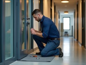 A licensed locksmith performing a commercial lock change on a commercial office suite door in a South Jersey business building