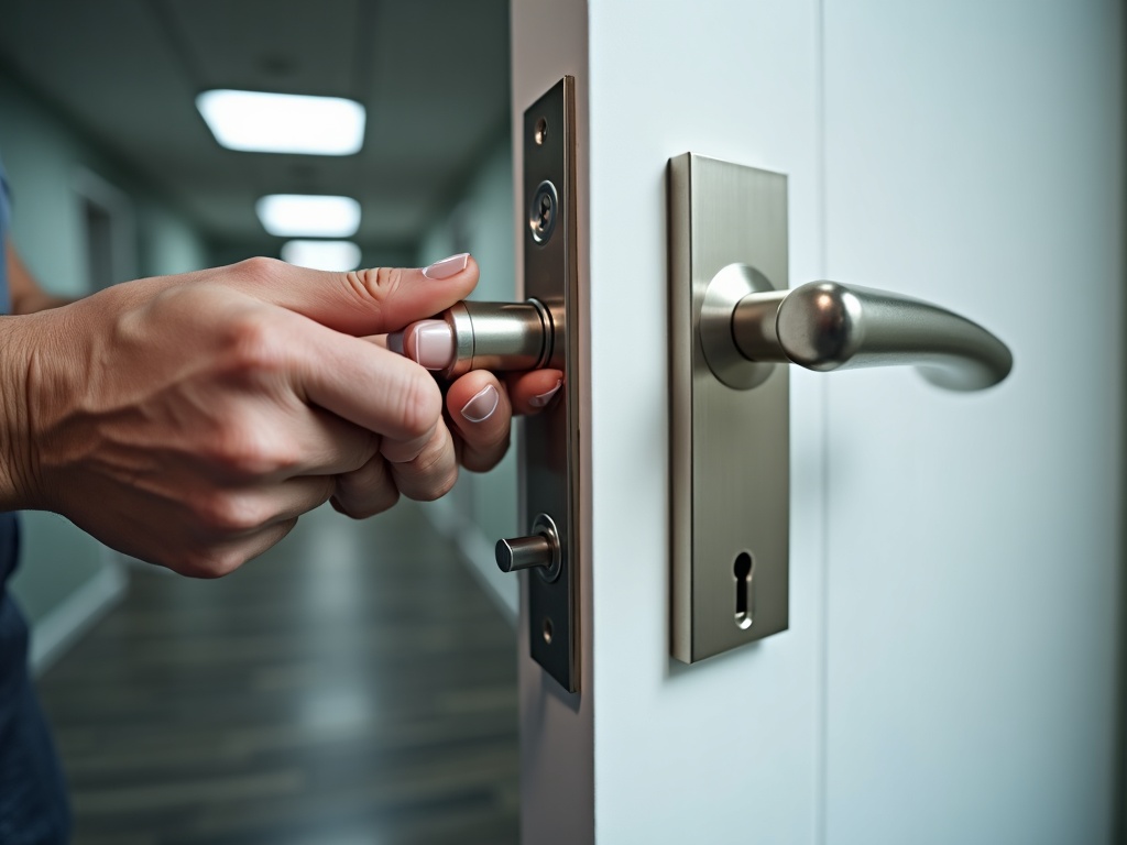 A licensed locksmith performing a commercial lock change on a commercial office suite door in a South Jersey business building