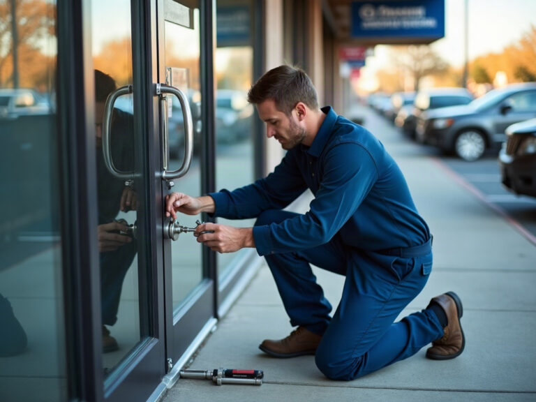 A commercial door locksmith technician installing a high-security deadbolt on a commercial storefront door in a South Jersey strip mall on a sunny afternoon