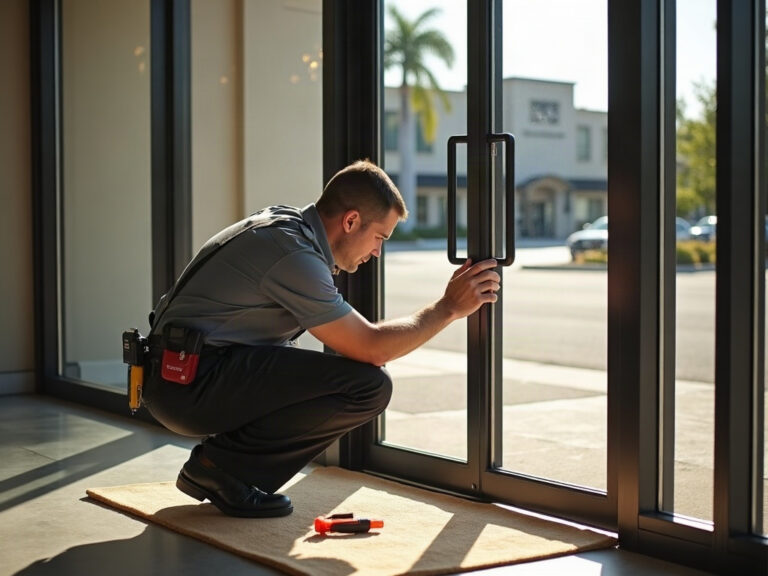 a licensed storefront locksmith installing a commercial-grade deadbolt on a retail store glass door in