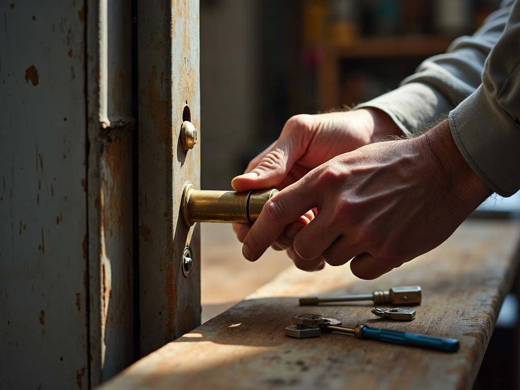 a licensed storefront locksmith installing a commercial-grade deadbolt on a retail store glass door in