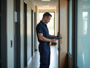 A professional locksmith installing ADA-compliant lever handle hardware on a commercial office door, demonstrating ada compliance doors work in a South Jersey business setting