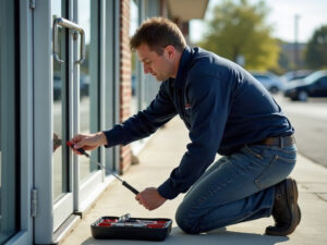 A licensed locksmith inspecting the pivot hinge hardware on a glass commercial entry door — the kind of commercial entry door repair near me service South Jersey business owners rely on