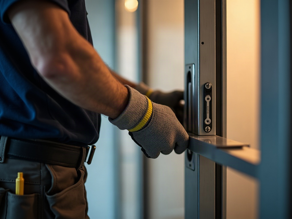A licensed locksmith inspecting the pivot hinge hardware on a glass commercial entry door — the kind of commercial entry door repair near me service South Jersey business owners rely on