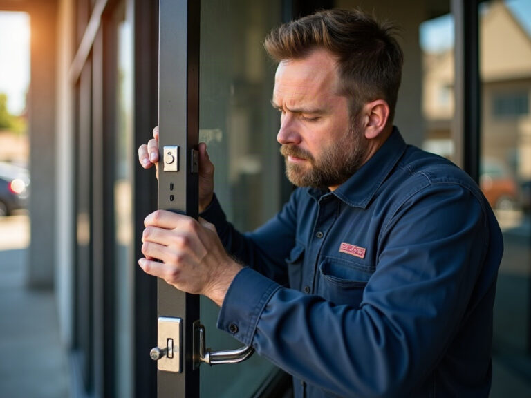a licensed locksmith performing business locksmith work by rekeying a commercial deadbolt on a South Jersey retail storefront door