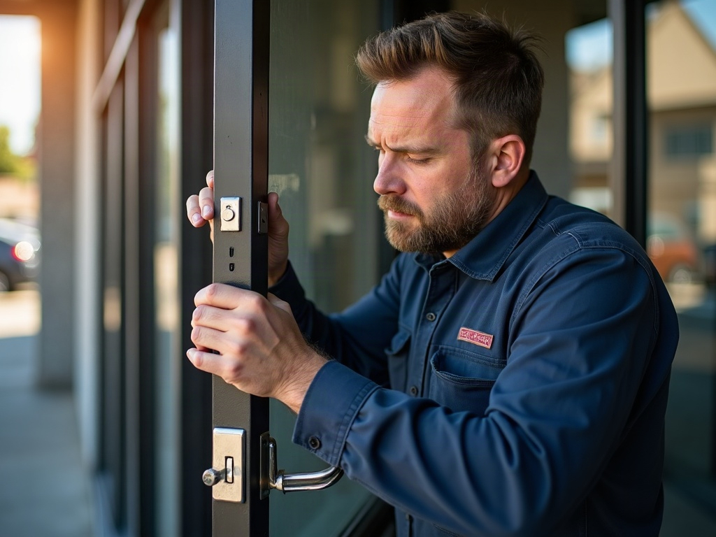a licensed locksmith performing business locksmith work by rekeying a commercial deadbolt on a South Jersey retail storefront door