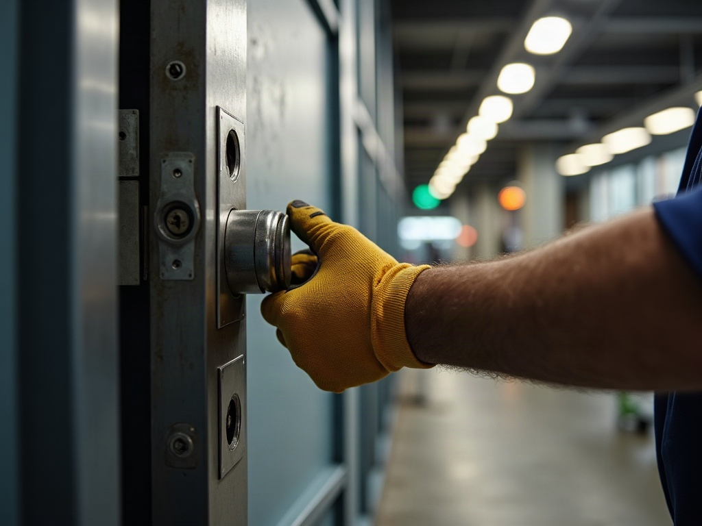 a licensed locksmith performing business locksmith work by rekeying a commercial deadbolt on a South Jersey retail storefront door