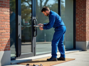 A licensed locksmith inspecting a commercial deadbolt during a locksmith services cost evaluation at a South Jersey office building