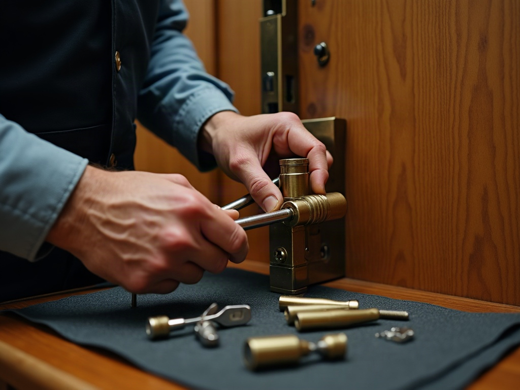 A licensed locksmith inspecting a commercial deadbolt during a locksmith services cost evaluation at a South Jersey office building