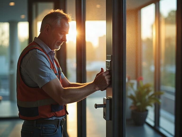 A licensed locksmith installing the best commercial electronic door lock on a South Jersey office entrance during a same-day service call