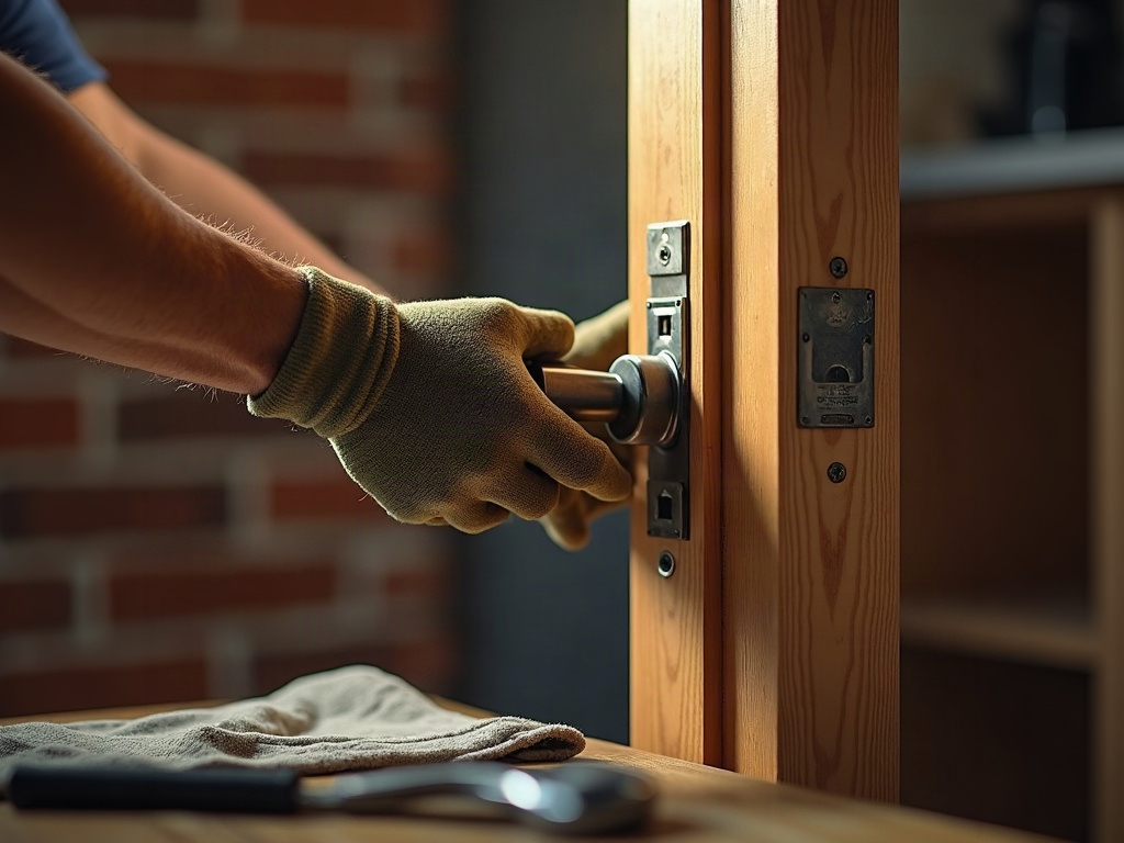 A licensed locksmith carefully inspecting a commercial steel entry door to reinforce business doors and windows at a South Jersey storefront